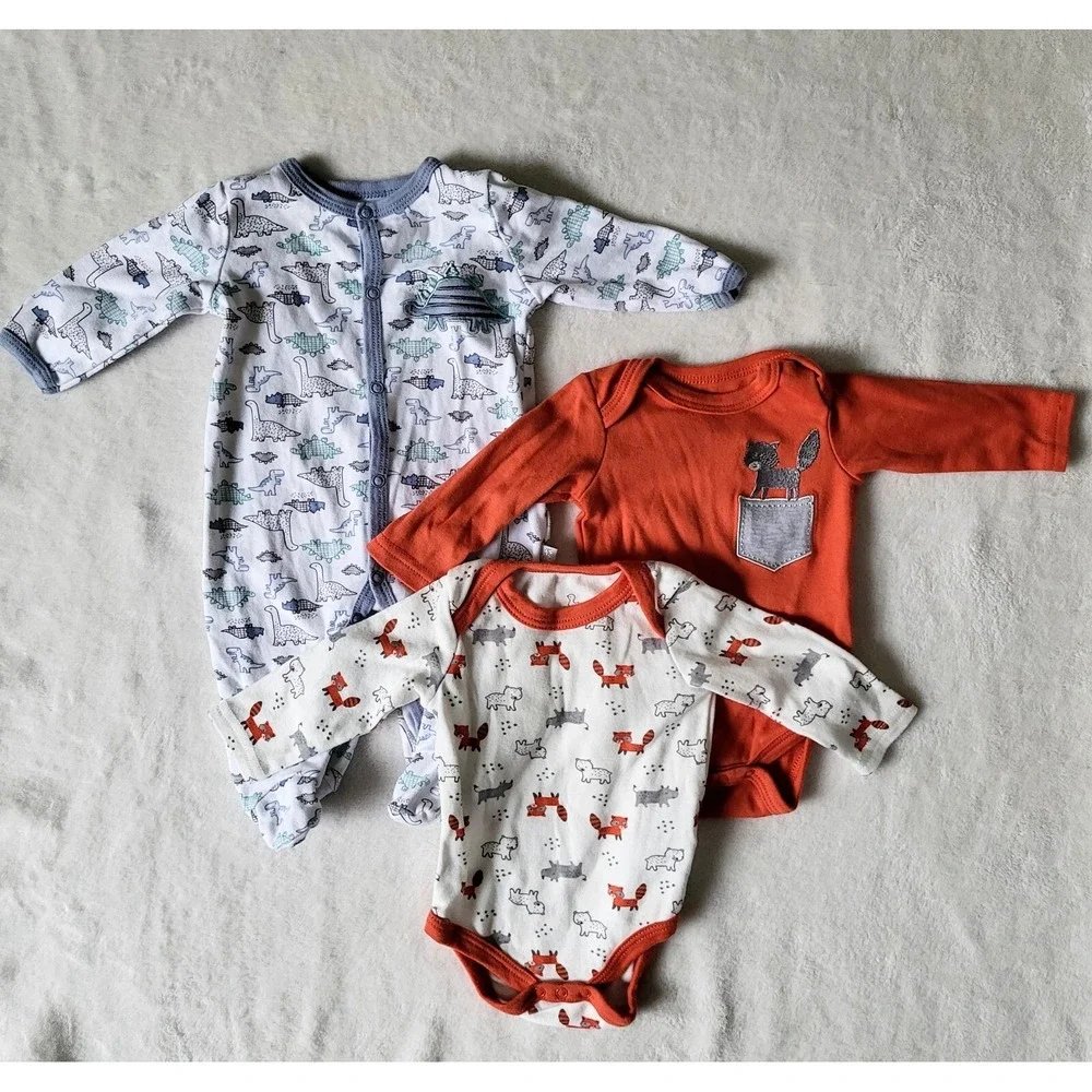Duck Duck Goose Boys 0-3M 3pc Lot Dinosaur Fox Sleeper Bodysuits Long‎ Sleeve